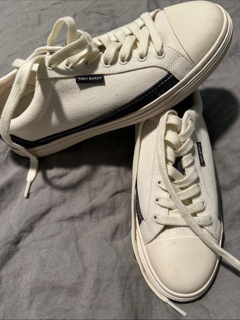 Tory Burch Cream Canvas Low-Top Sneakers with Navy Blue Trim